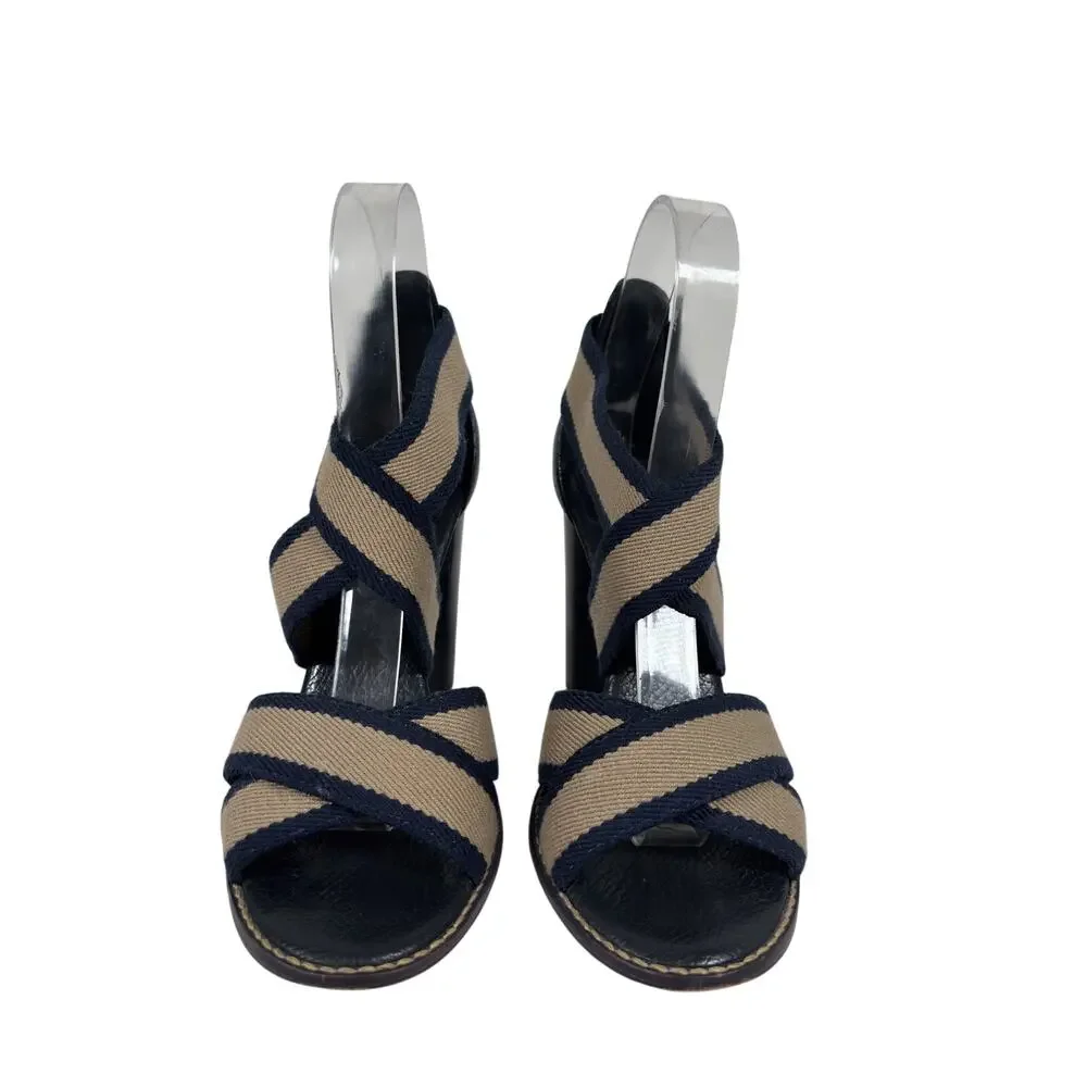 Tory Burch Sandals Womens 7 Navy Blue Laurie Striped Block Heel Slide Logo Studs
